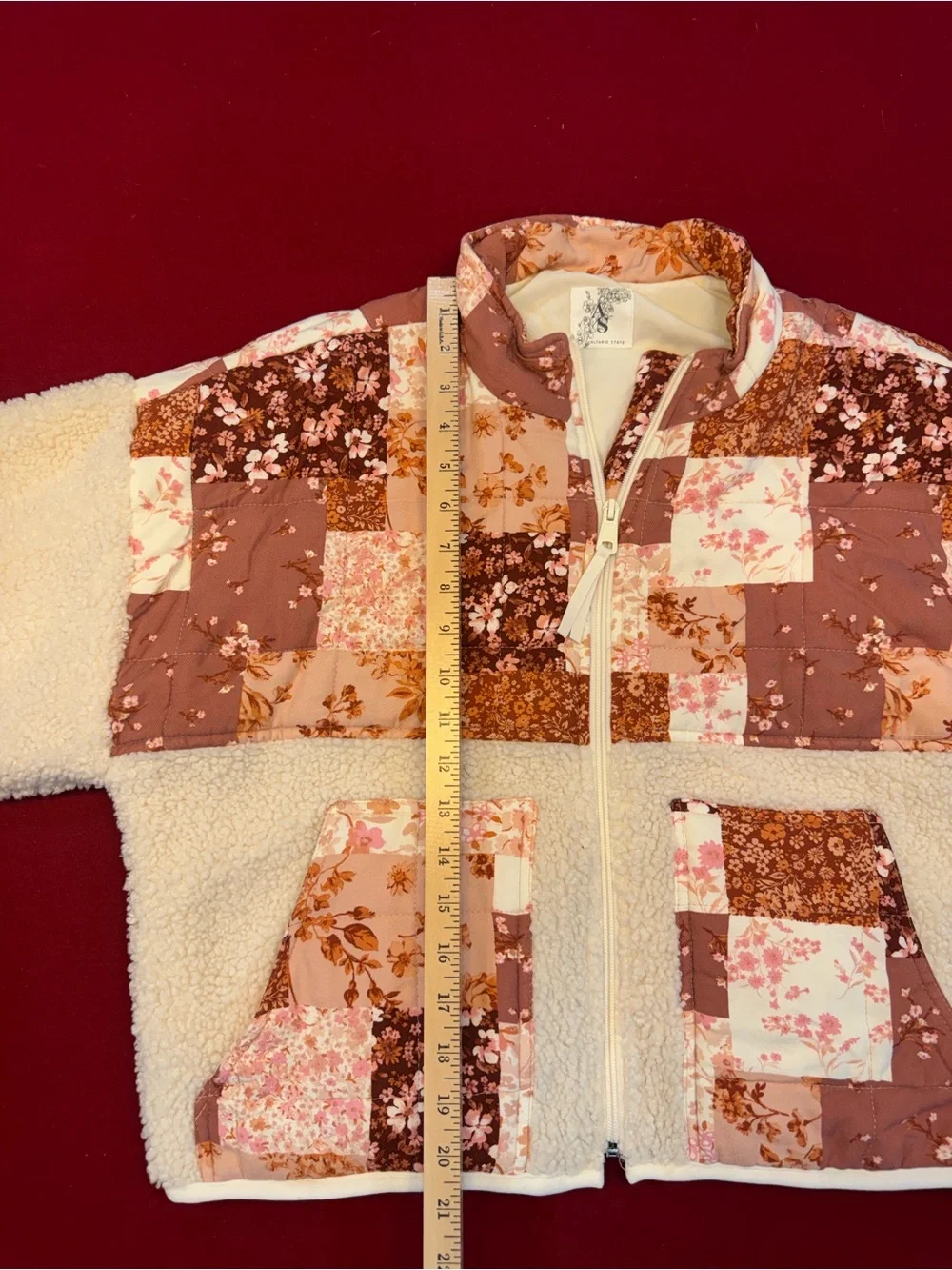 Altar'd State Pink & Cream Floral Cropped Patchwork Sherpa Jacket